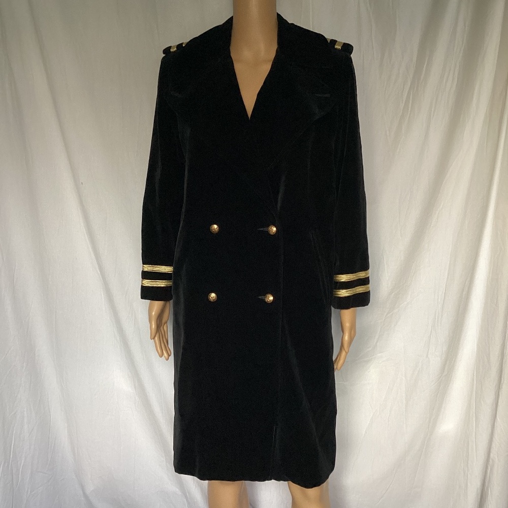 Black Velvet Double-Breasted Pea Coat with Gold Trim